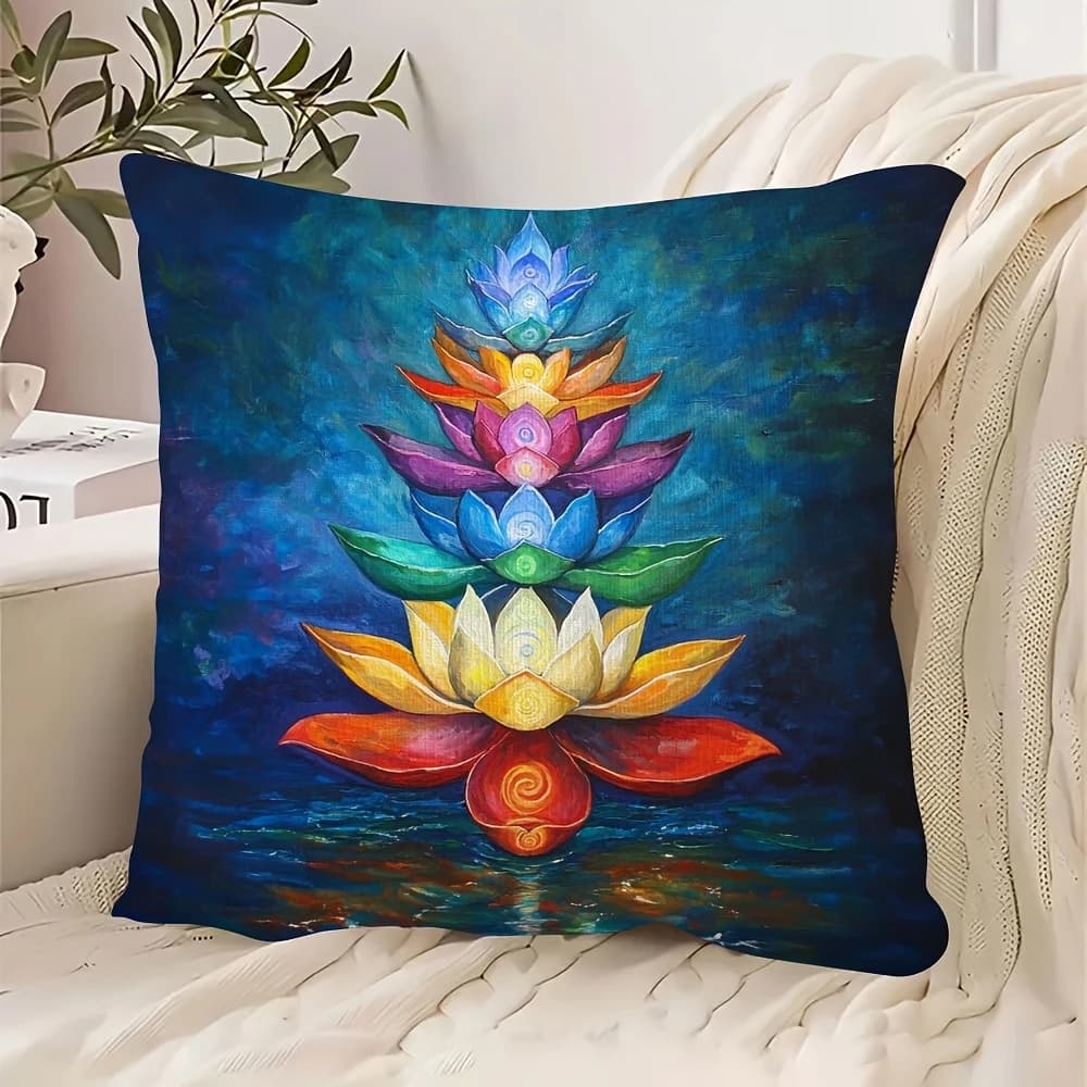 Chakra Rainbow Lotus Pillow Cover Spiritual Yoga Meditation Print Boho Zen Floral Cushion Case for Sofa Bed Couch Home Decor