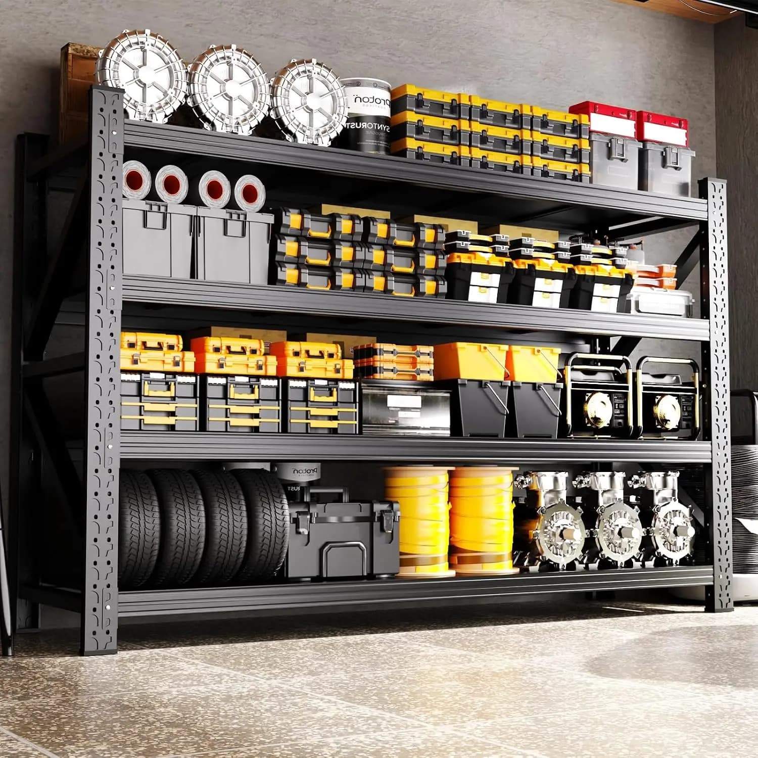 Industrial Heavy Duty Metal Storage Shelves, Extra Large Four Tier Garage Shelving Unit, Rust Proof Steel Utility Rack Organizer For Warehouse Basement Shop, Black