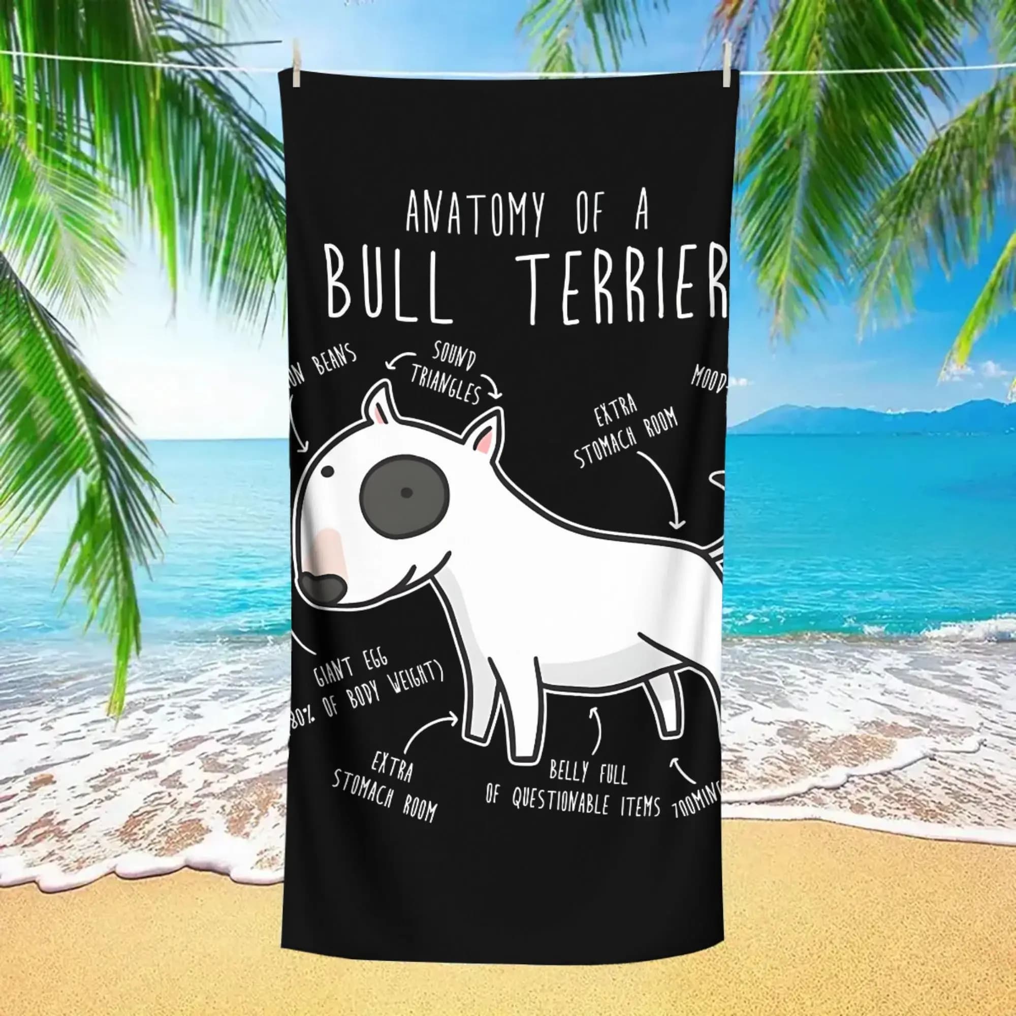Asciugamano da spiaggia con anatomia del cane Bull Terrier, in morbida microfibra ad asciugatura rapida per viaggi, divertimento in spiaggia e giornate in piscina