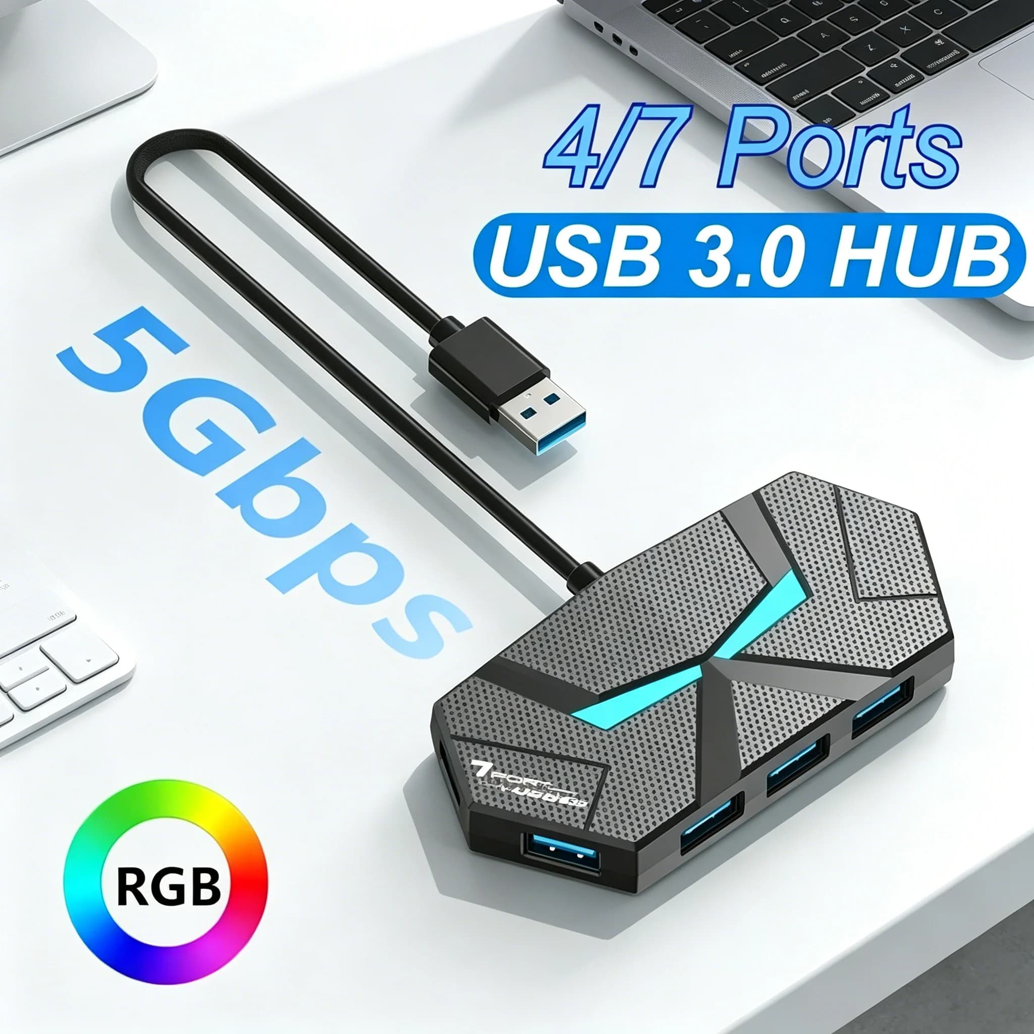 Hub USB 3.0 RGB a 4/7 porte, docking station multifunzione, trasferimento rapido a 5 Gbps, adattatore splitter di tipo C per tastiera e mouse di laptop