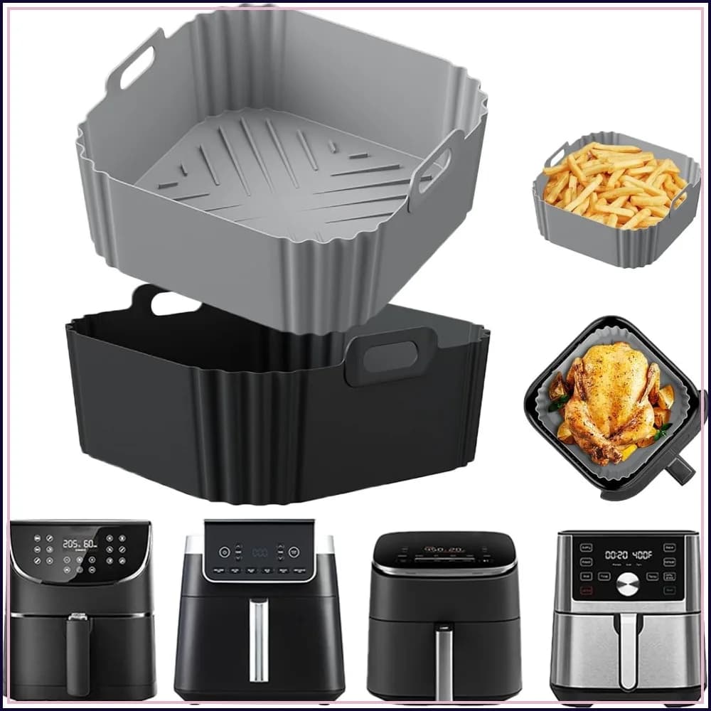8.8 Inch Square Silicone Air Fryer Liners, 2 Pack Reusable for 5-8QT Air Fryers