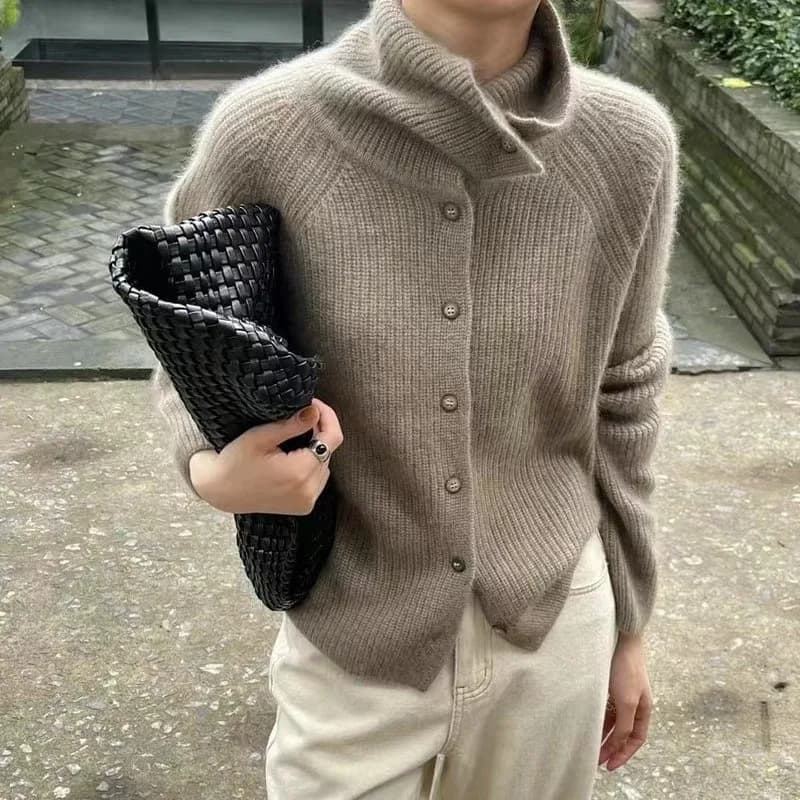 Cardigan a collo alto da donna Maglione in pura lana 100% Autunno e inverno maglione sciolto con base in cashmere ispessito cappotto lavorato a maglia marea