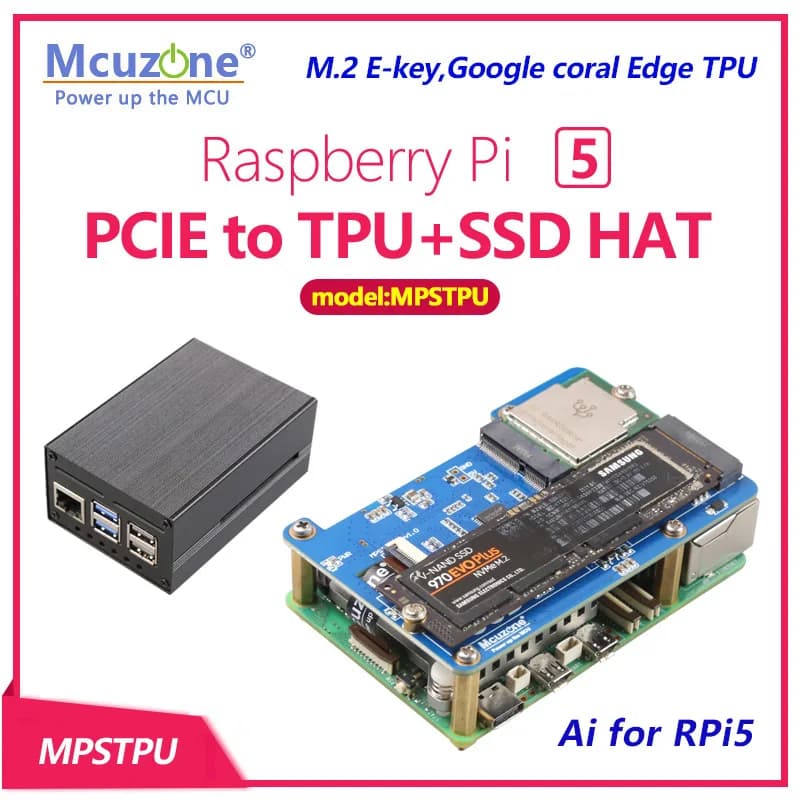 MPSTPU, Raspberry Pi 5 PCIE a TPU e SSD HAT, AI per RPi5, supporto Google coral Edge TPU, supporto SSD NVME, 2280,2242