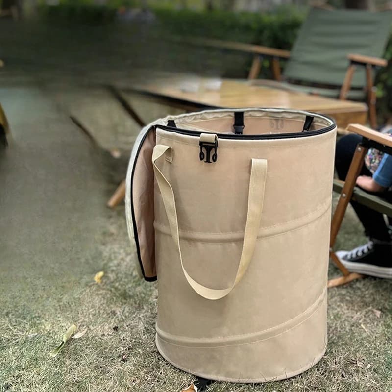 Pattumiera pieghevole da campeggio all'aperto in tessuto Oxford da picnic addensato con coperchio Secchio elastico per barbecue portatile con foglie cadute