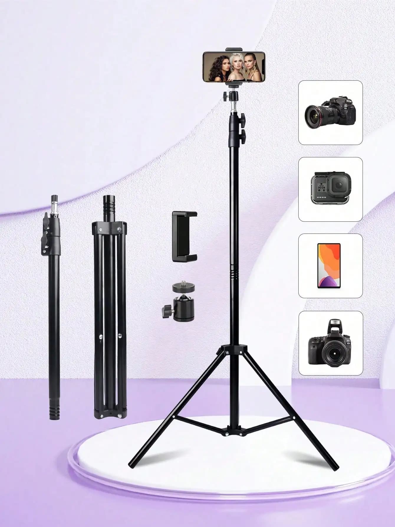 Treppiede per selfie mobile, flessibile a 360° ° Treppiede con design nero accattivante, regolabile in altezza, con asta di prolunga, design in due pezzi, estensibile fino a 160 centimetri, adatto per fotocamere, fotocamere reflex digitali, telefoni cellulari, proiettori, comunemente utilizzato per