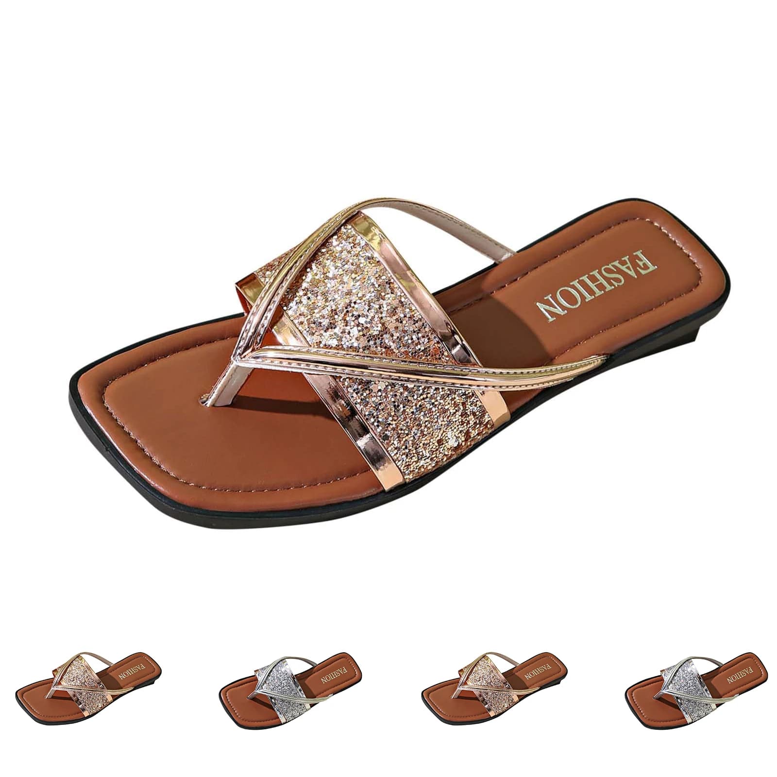 Women Sequined Flat Slippers Fashion Summer Beach Daily Casual Glitter Flip Flops Open Toe Comfortable Indoor Outdoor Sandals
