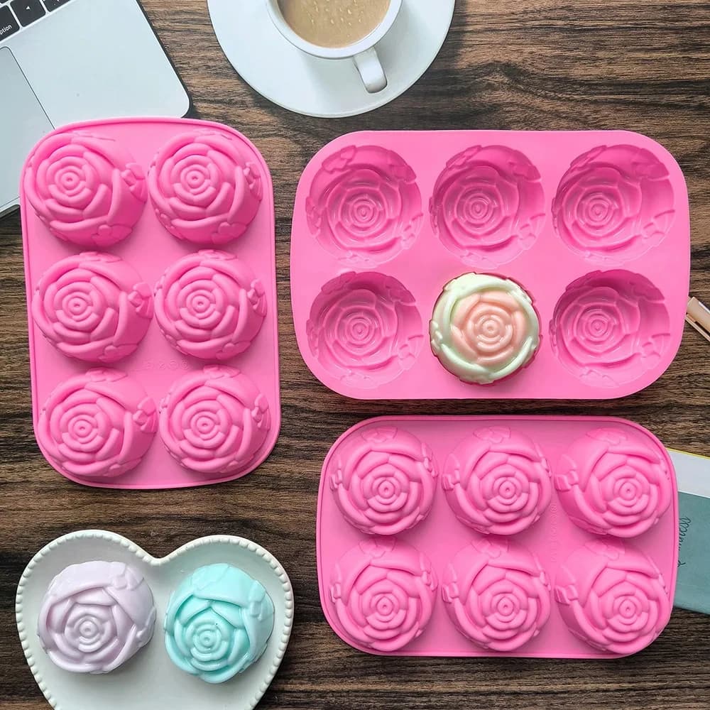 6 fori Fiore Rosa Sapone fatto a mano Stampo per candele Stampo per torta in silicone Bakeware Piatto da forno Stampo per muffin Cubo di ghiaccio rosa