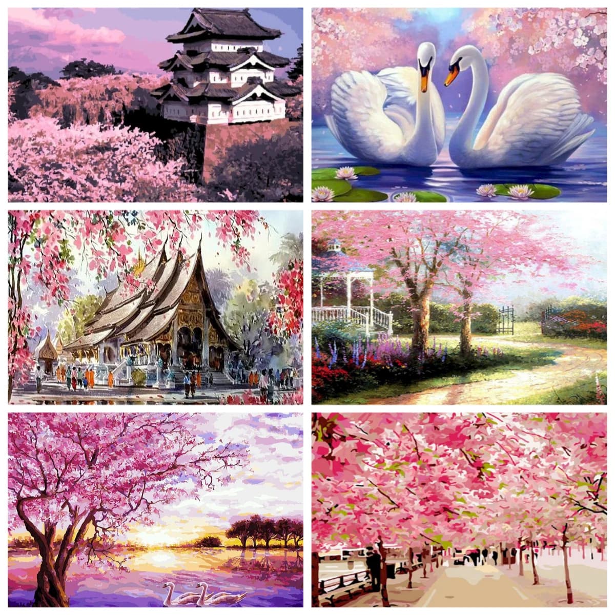 Senza cornice Pittura a olio fai da te con i numeri Kit Sakura Paesaggio Dipingi con i numeri Immagine su tela per immagine di arte della parete Decorazioni per la casa