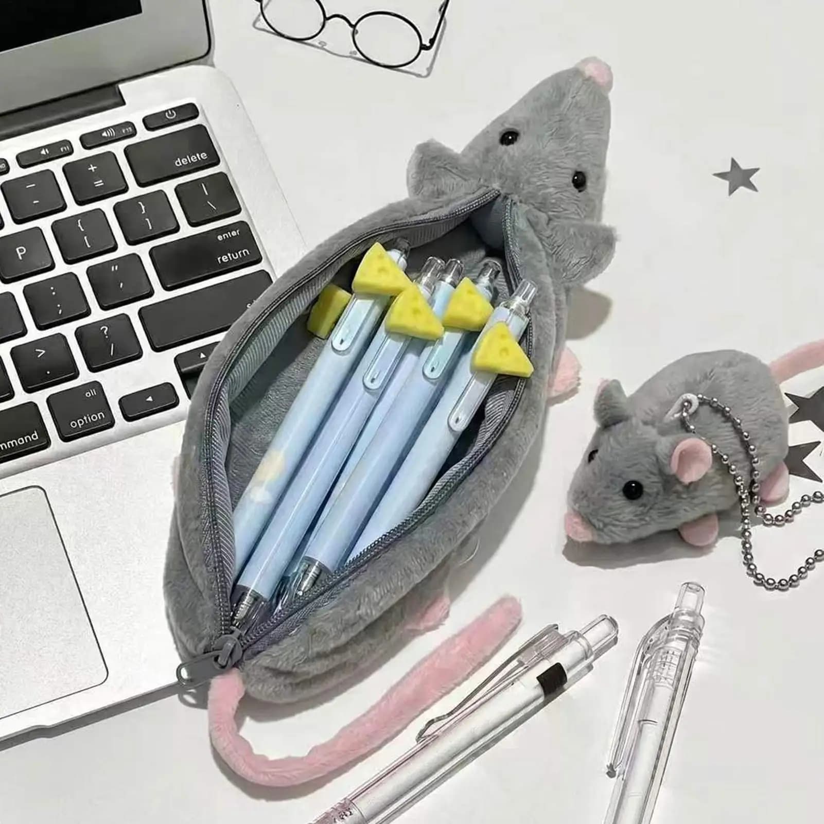 1pc Cute Gray Mouse Pencil Case Mouse-shaped Pencil Case Plush Toy Student Stationery Organizer
