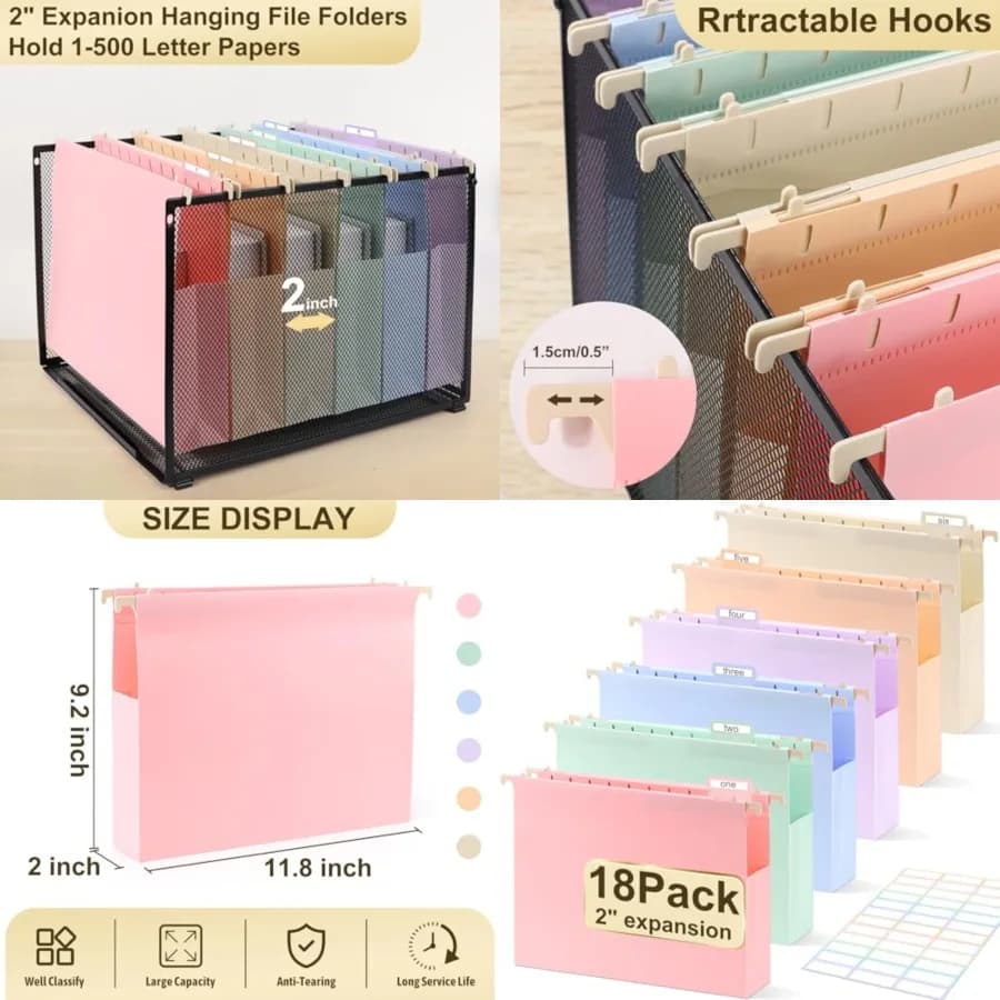 Cartelle portadocumenti in plastica a sospensione di grande capacità, formato Letter, capacità 2 pollici, con linguette, resistenti per archiviazione
