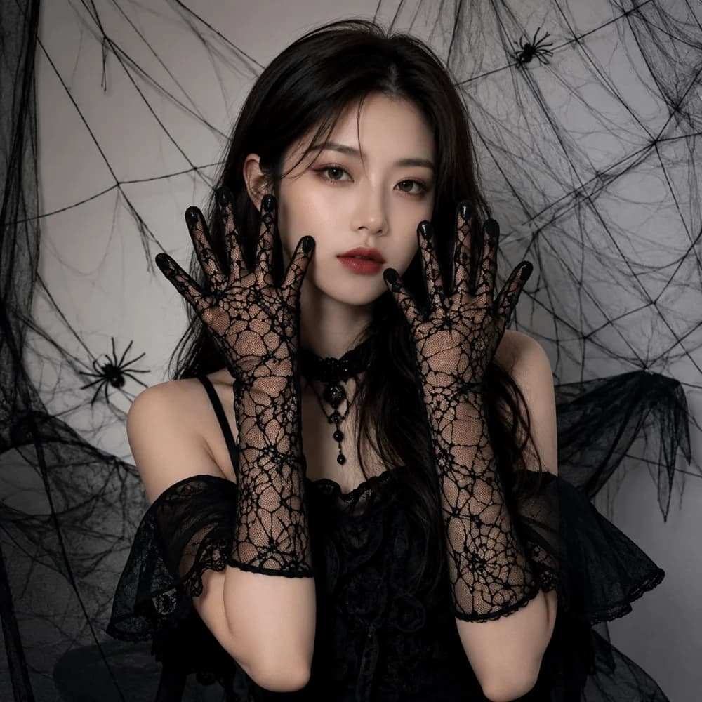 Fashion Solid Color Spider Web Gloves Transparent Gauze Women Driving Gloves Mesh Dark Series Long Mittens Outdoor
