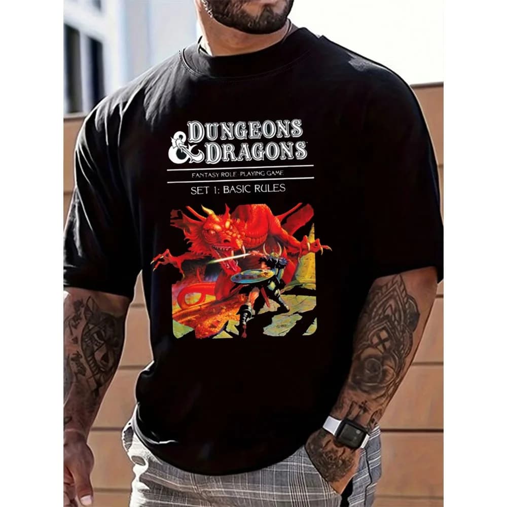 Dungeons & Dragons T-shirt con copertina delle regole di base vintage T-shirt stampata estiva da uomo per amanti del gioco T-shirt in cotone girocollo moda