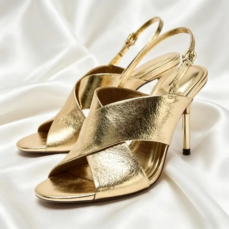 Elegant Metalized Pattern Design Gold Pumps Women Sexy Open-toe Cross-tied Stiletto Sandals Fashion Back Strap Buckle Dress Shoe