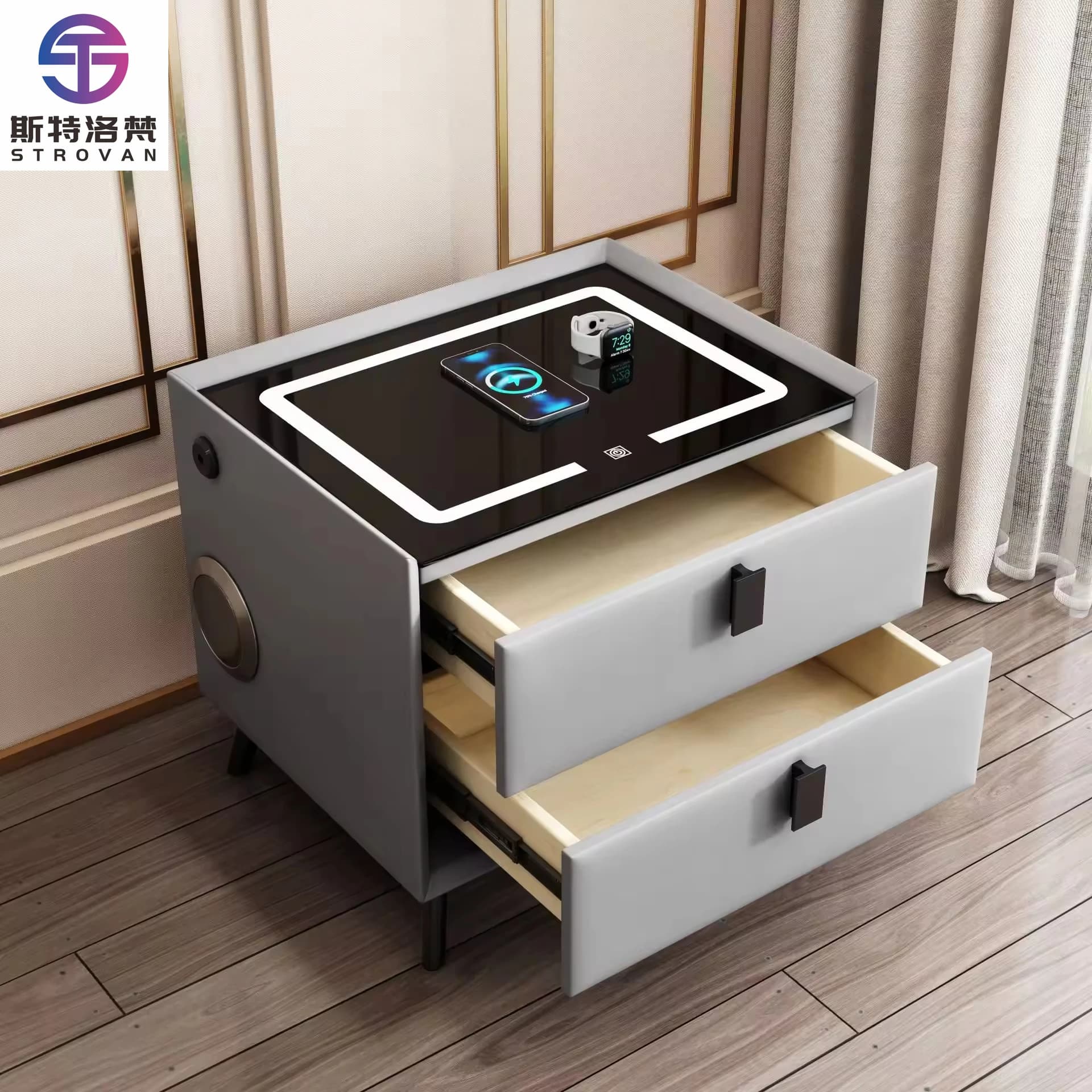Comodino Smart di Lusso in Pelle con Doppio Caricatore Wireless, Serratura con Impronta Digitale, in Legno, per Camere da Letto Piccole, Minimalista Moderno