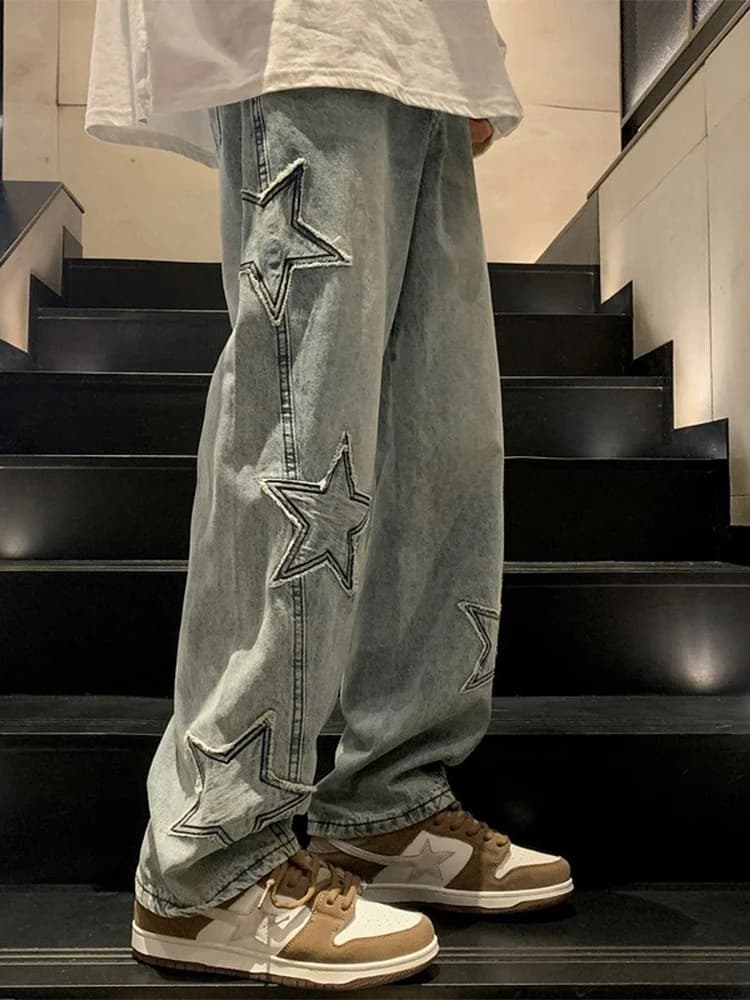 Jeans da uomo larghi a gamba dritta Star Patch High Street Sle Autunno Trendy Brand Tagkita Pantaloni lunghi con cerniera a vita media