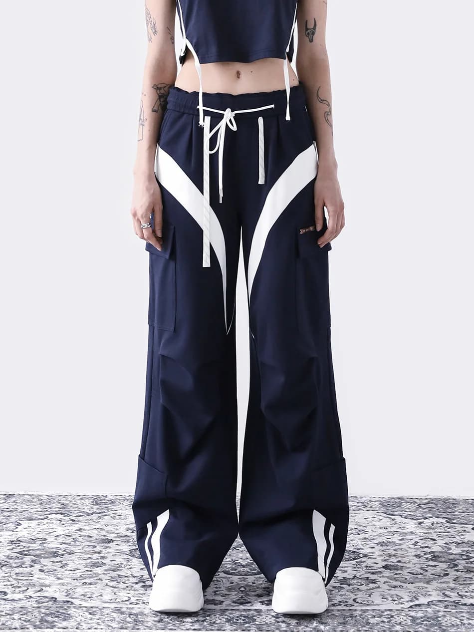 Pantaloni sportivi lunghi ANYQUESTION a contrasto blu intenso e bianco con doppia cintura, pantaloni casual da donna