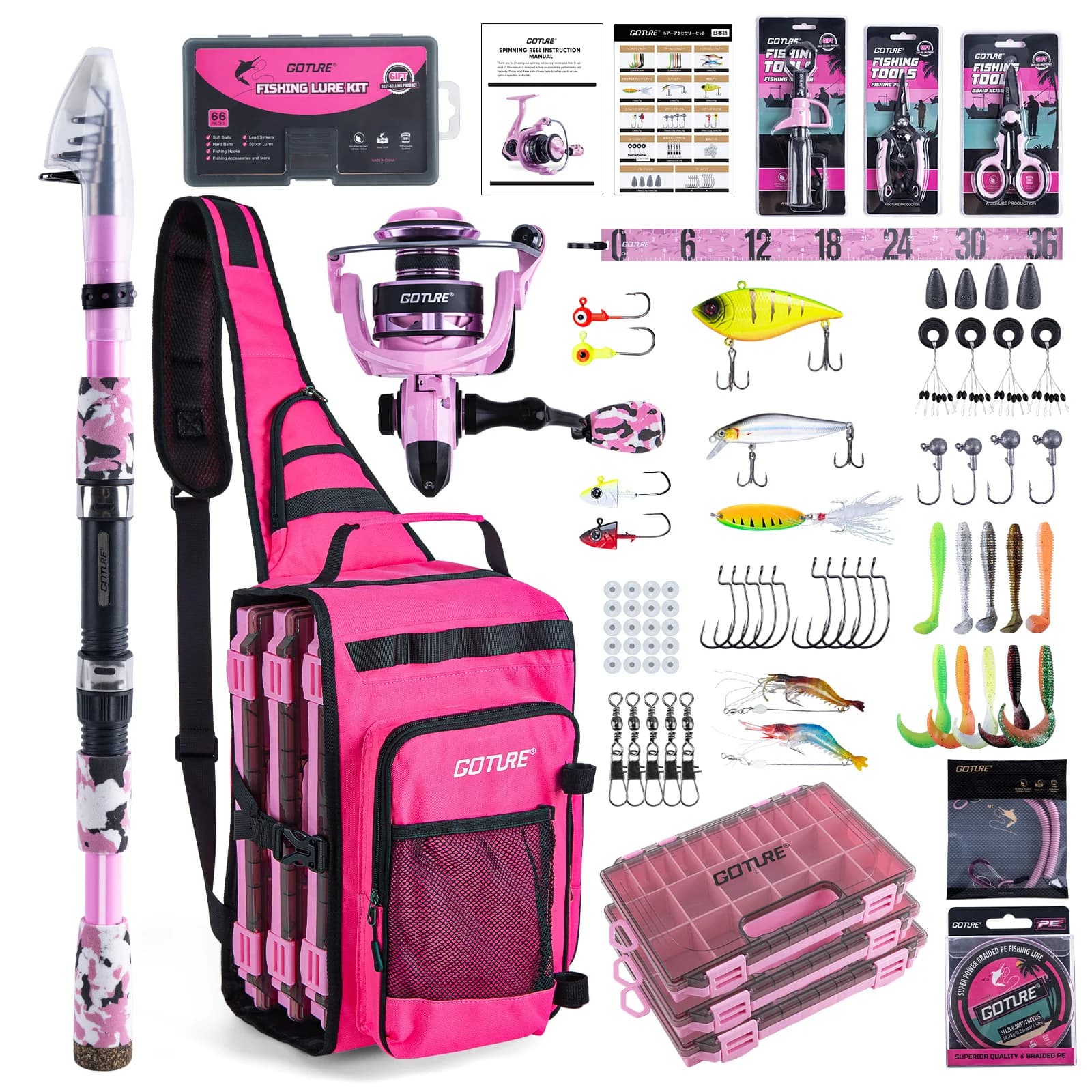 Goture Fishing Kits for Adult,Fishing Pole and Reel Combo, OpenSide Fishing Sling Tackle Storage Bag with 3 Tackle Boxes
