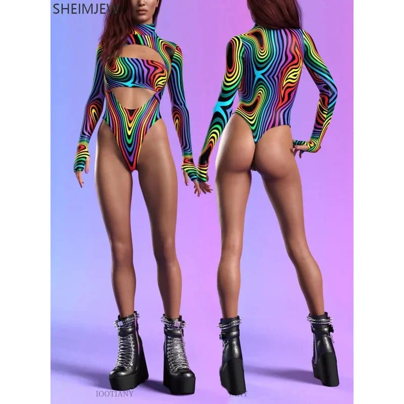 lHalloween Cosplayl Moda Arcobaleno Linea Tuta elasticizzata Donna Art Graffiti Tuta attillata Festa di Halloween Gioco di ruolo Belly-ex