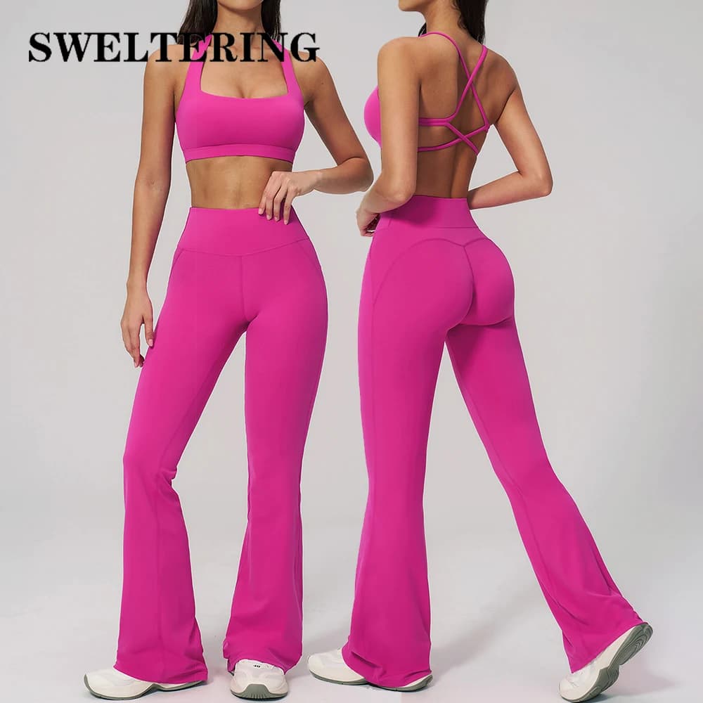 Set Yoga 2 Pezzi con Pantaloni a Zampa, Tuta Sportiva da Donna, Completo Fitness, Abbigliamento Sportivo Femminile con Reggiseno Sportivo Antiurto