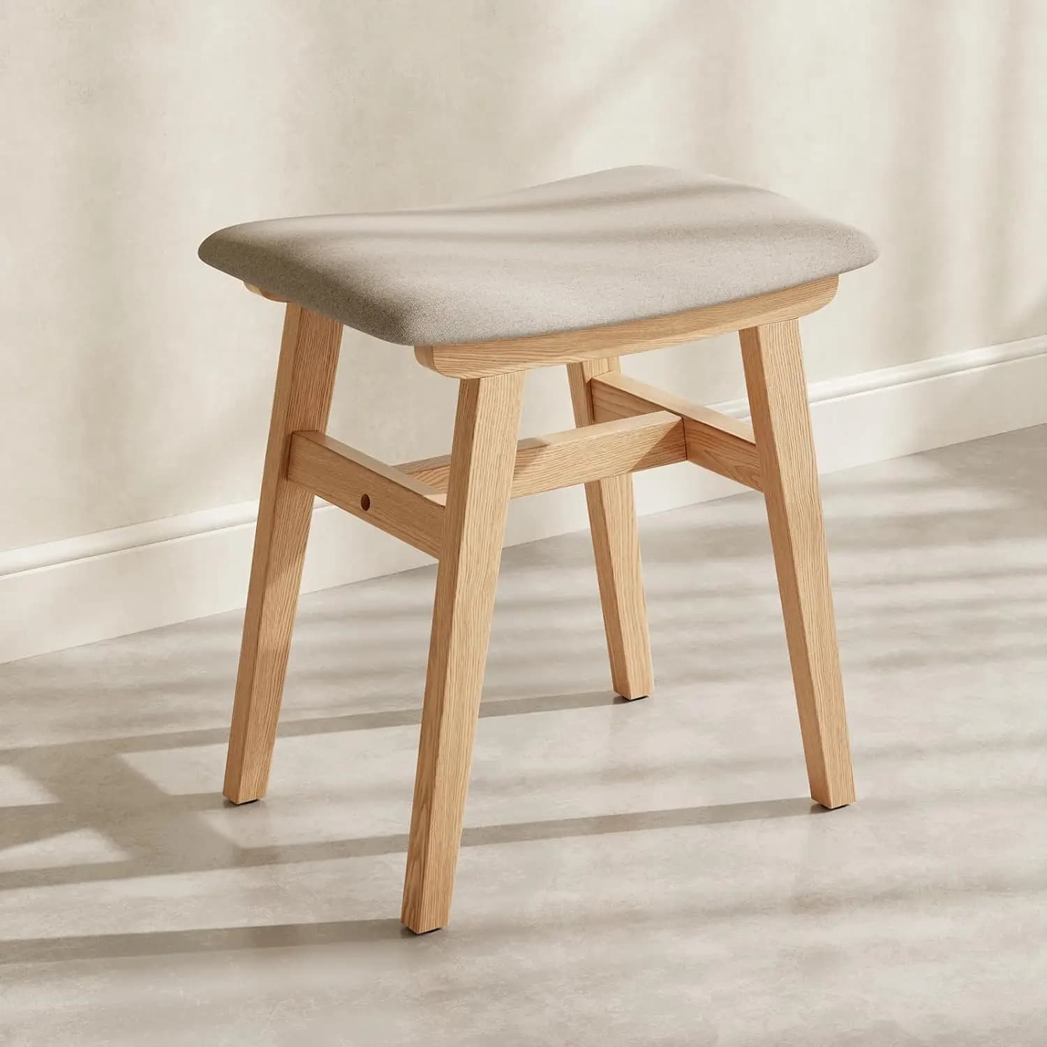 Sgabello da toeletta in legno massello con cuscino a sella, sedia compatta per trucco per camera da letto e ingresso, poggiapiedi facile da montare