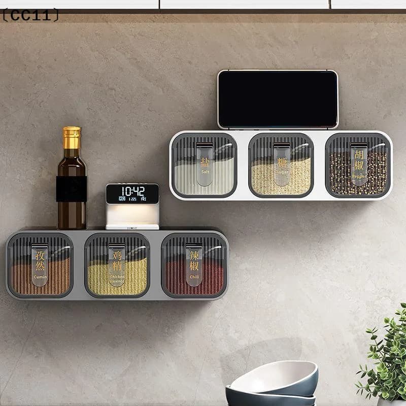 Wall-Mounted Integrated Multi-Spice Box Set Kitchen Home Goods Moisture-Proof Storage Salt Seasoning Can Rack〔CC11〕