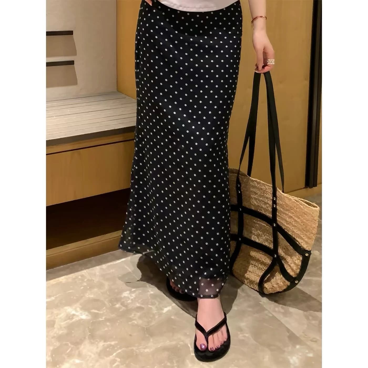 Seoulish Vintage Polka Dot Chiffon Mermaid Midi Skirt Women Elegant High Waist A-Line Casual Skirts 2026 New Summer