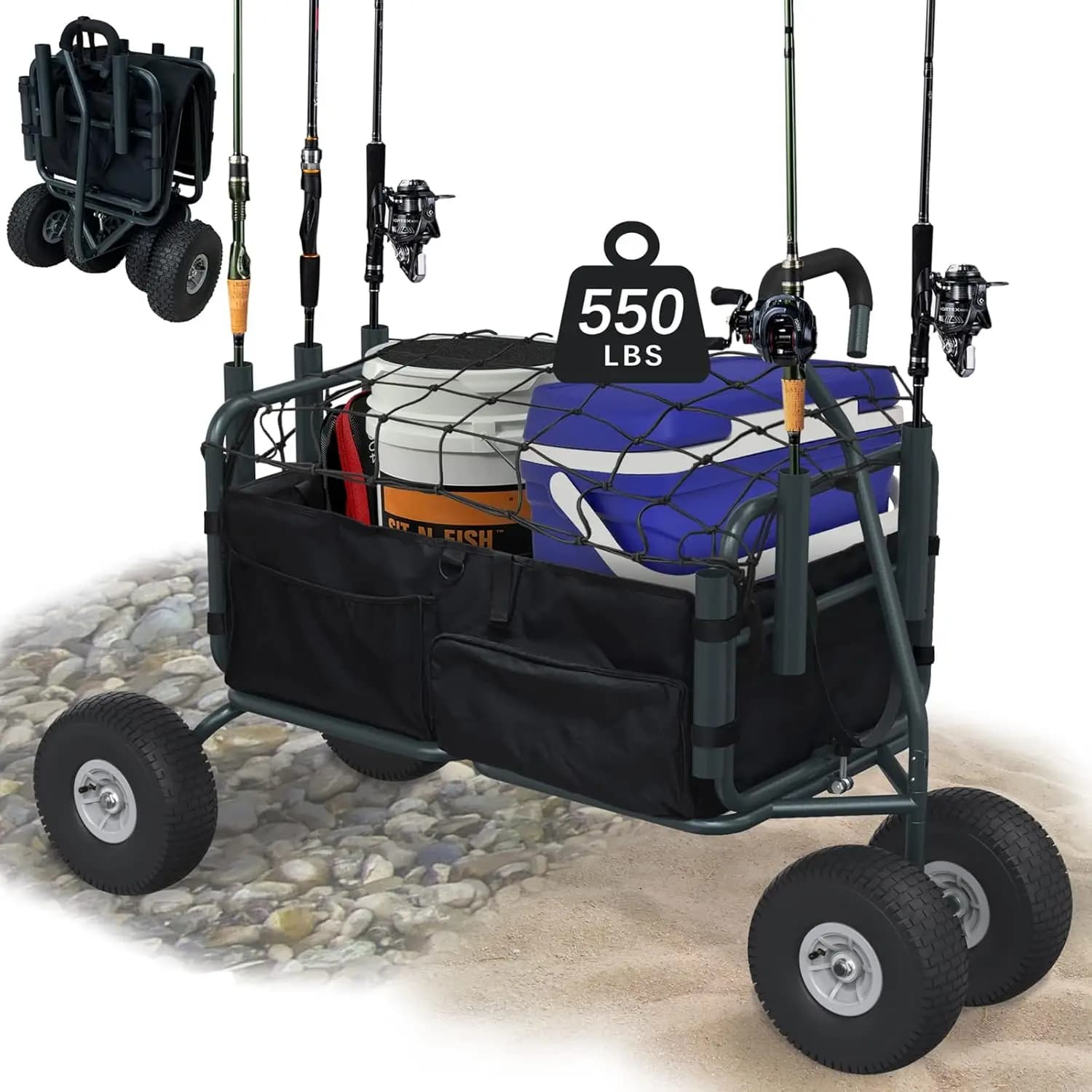 Fishing and Beach, Heavy-Duty, No Color Mentioned, 550 Pound Capacity, Big Wheels, Rod Holders, Foldable and Collapsible