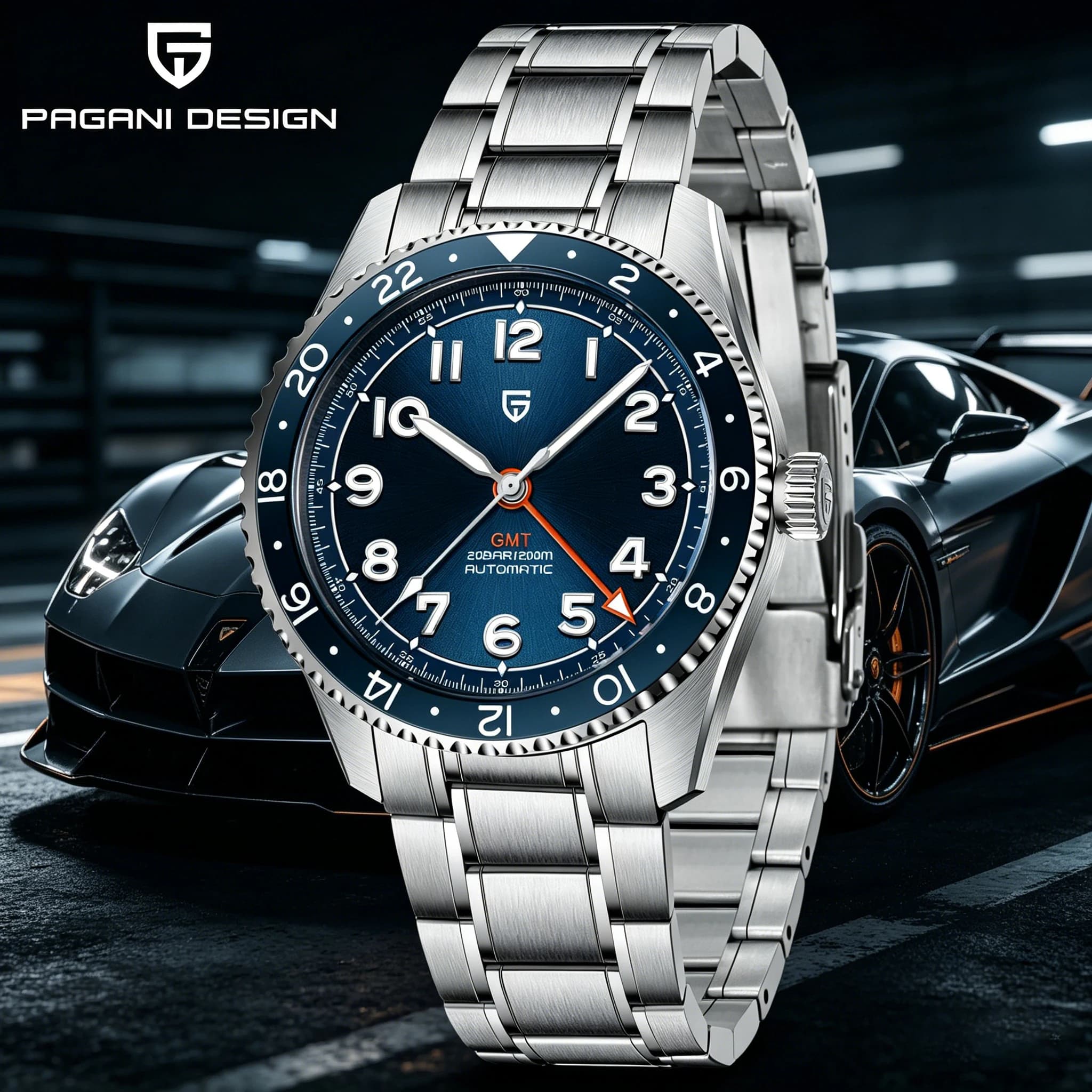 PAGANI DESIGN 40mm Mens Automatic Mechanical Watches GMT Sapphire Luxury Stainless Steel Waterproof watch for men Reloje hombre