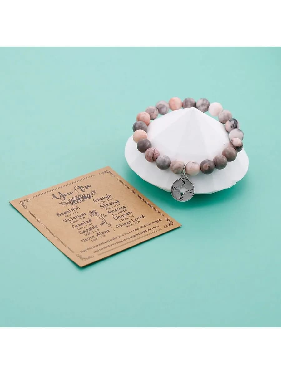 Bracciale Elastico in Pietra Naturale con Ciondolo Bussola per Donne