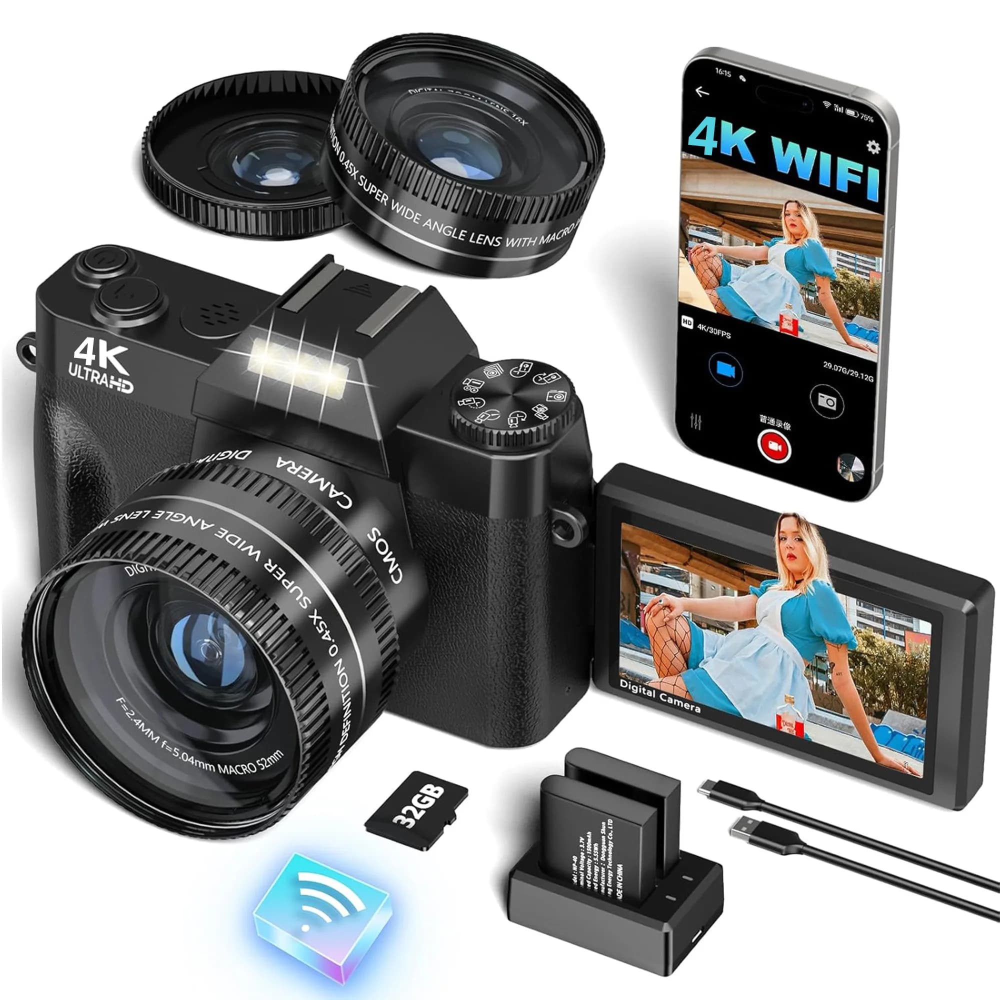 4K Digital Camera Video Autofocus Anti-Shake Vintage Vlog Recorder 64 MP YouTube 180 ° WiFi web camera with tipping screen