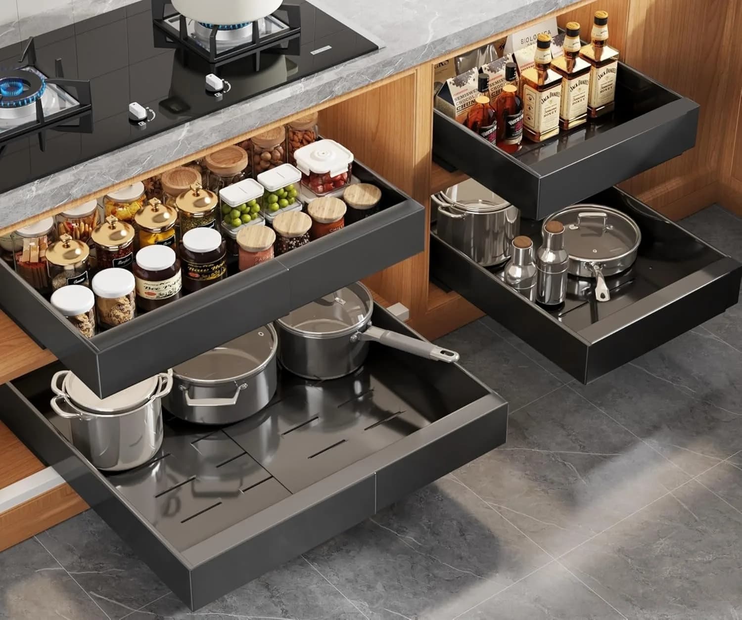 Expandable Pull Out Cabinet Organizer for Framed Cabinets,Upgrade 3 Slide Rails Slide Out Drawers,No Drill Roll Out Shelves