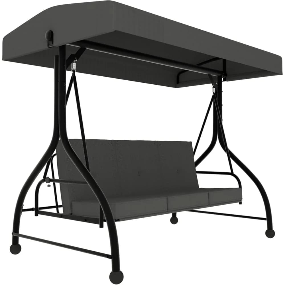 Patio rocking chair for 3 persons with adjustable back and canopy, convertible rocking bed 2 in 1 with pillows for porch, Gard