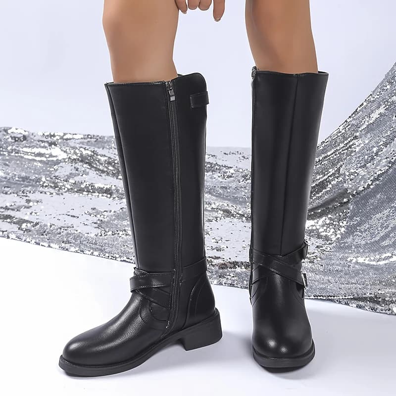 Black Leather Riding Boots Pu Fashion Women Buckle High Heels Knee Boots Woman Autumn Winter Side Hinge Botas Mujer Long