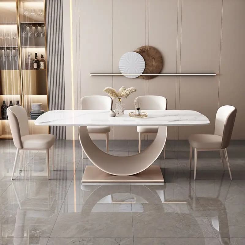 # Set di Mobili per Sala da Pranzo Moderno Estensibile in Travertino con Gambe in Acciaio Inox e 8 Sedie, Ecologico