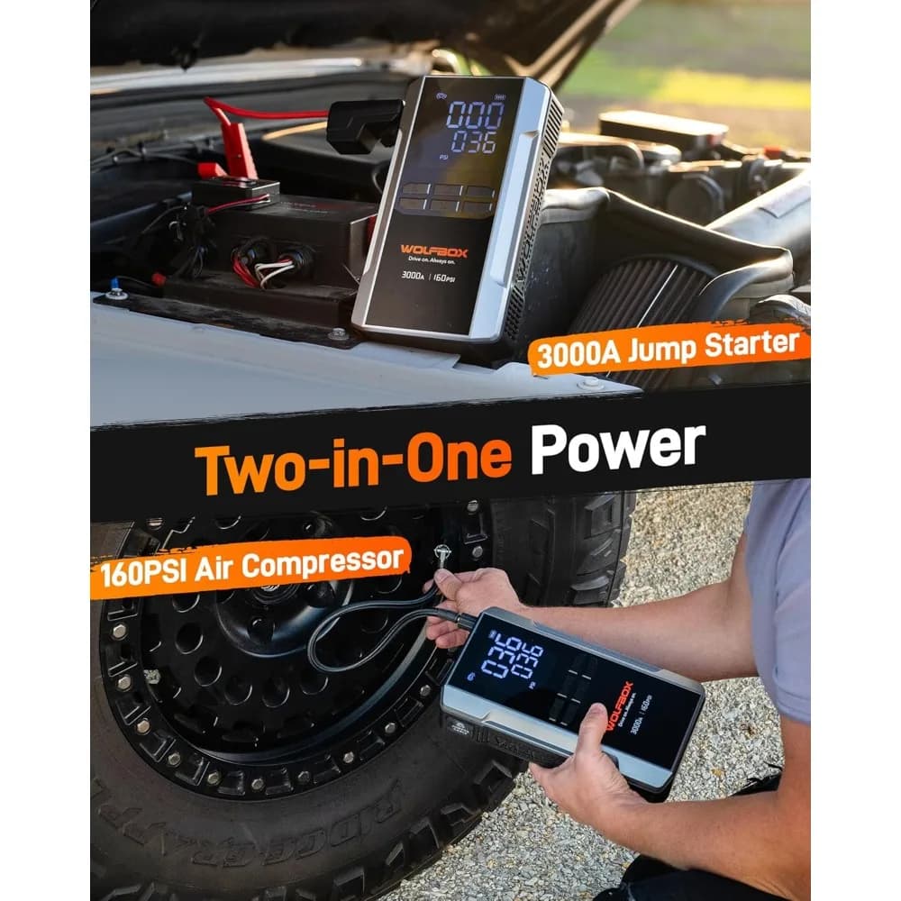 Avviatore di emergenza da 3000 A con compressore d'aria, avviamento di emergenza per batteria per auto portatile da 16000 mAh e 160 PSI con ricarica rapida da 65 W