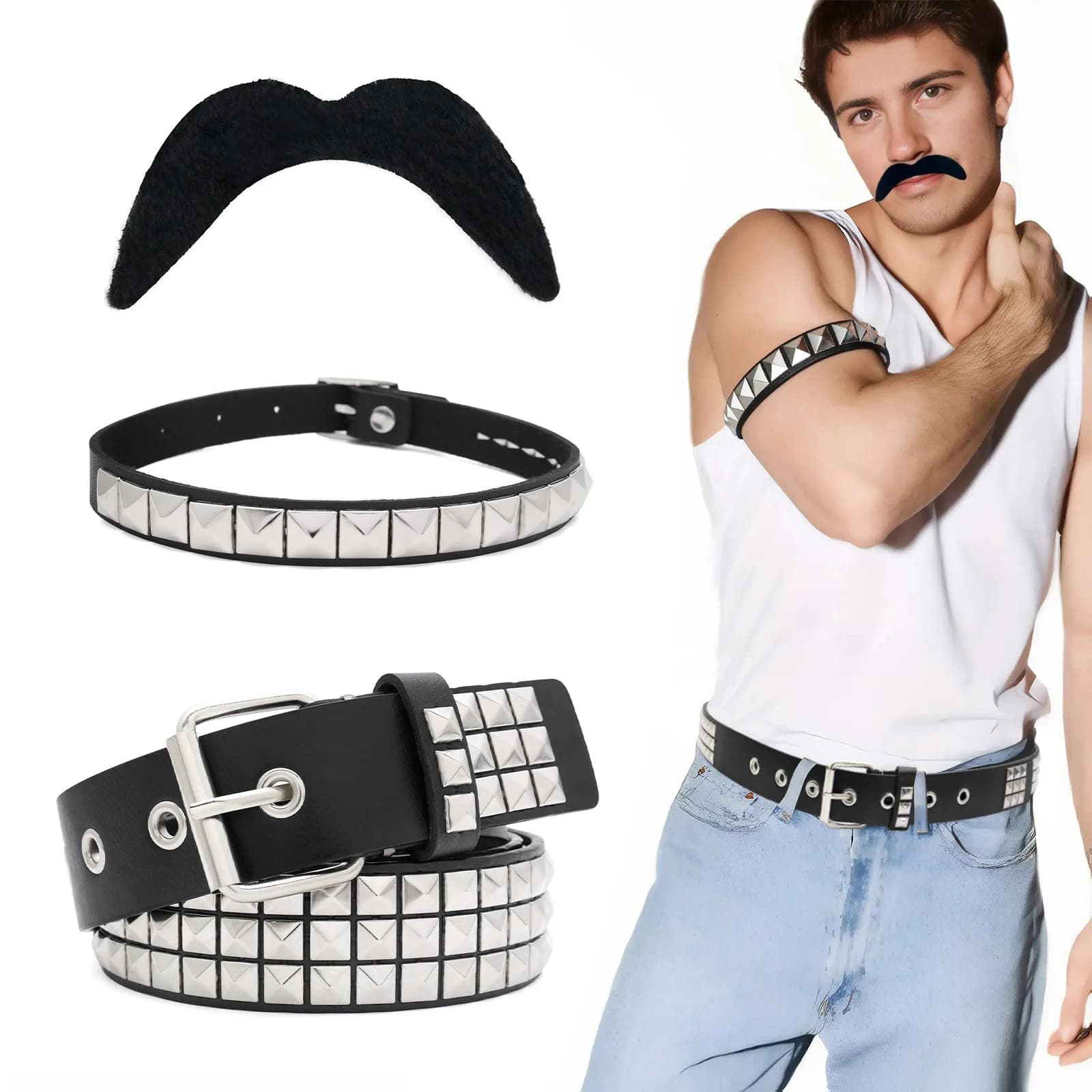 Queen Rock Punk Cintura piramidale Rivetto in metallo Anello da braccio Barba finta Set Jeans Hip Hop Cintura PU COSPLAY Accessori di abbigliamento Puntelli