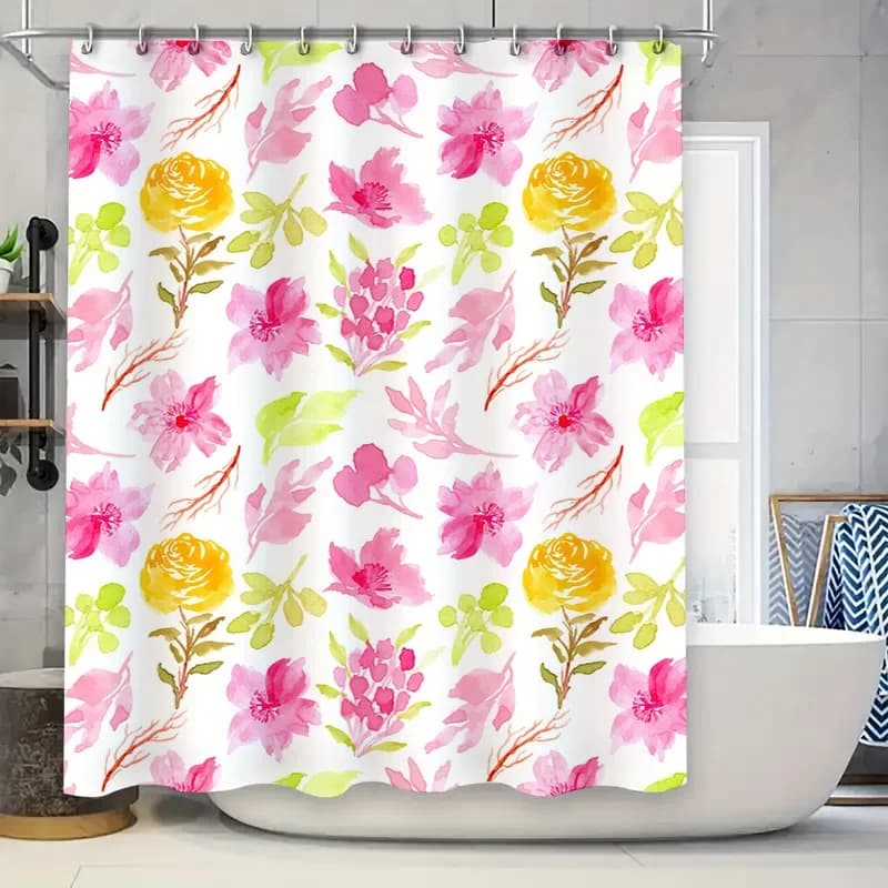 Set di tende da doccia floreali luminose, arredamento moderno rosa giallo per bagno, tessuto impermeabile, facile installazione con ganci perfetti