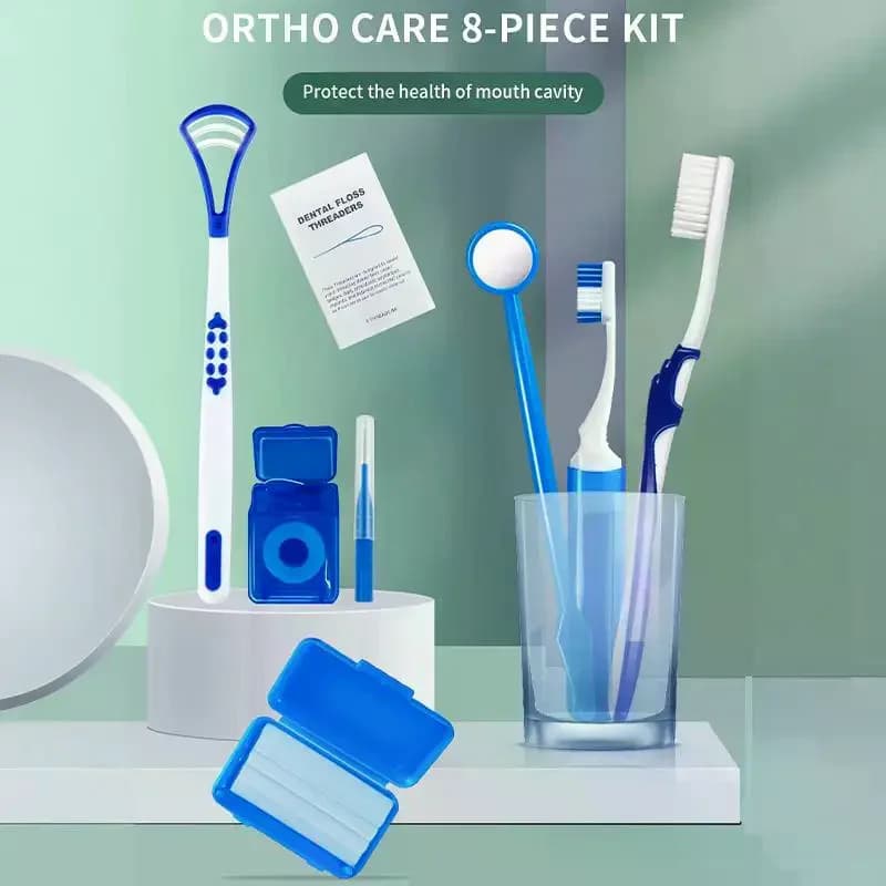 8Pcs Orthodontic Dental Care Brush Kit Teeth Cleaning Braces Toothbrush With Interdental Brush Floss Thread Ortho Wax Travel Kit
