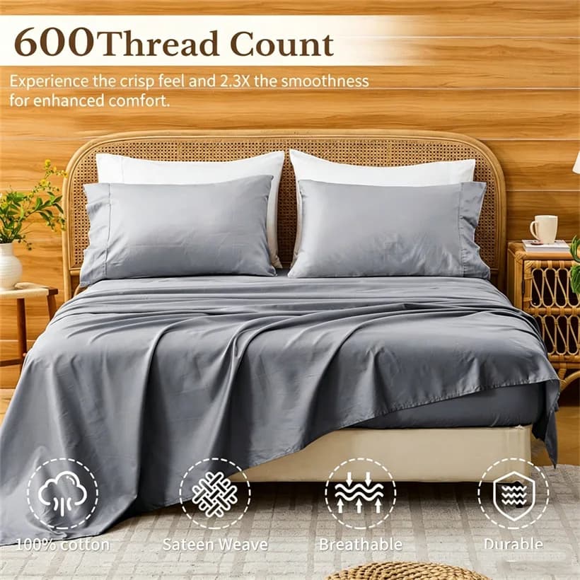 High-End 600TC Egyptian Cotton Bed Sheet Set with Fitted Sheet Flat Sheet Pillowcase Wrinkle Resistant Buttery Soft Bedding Set