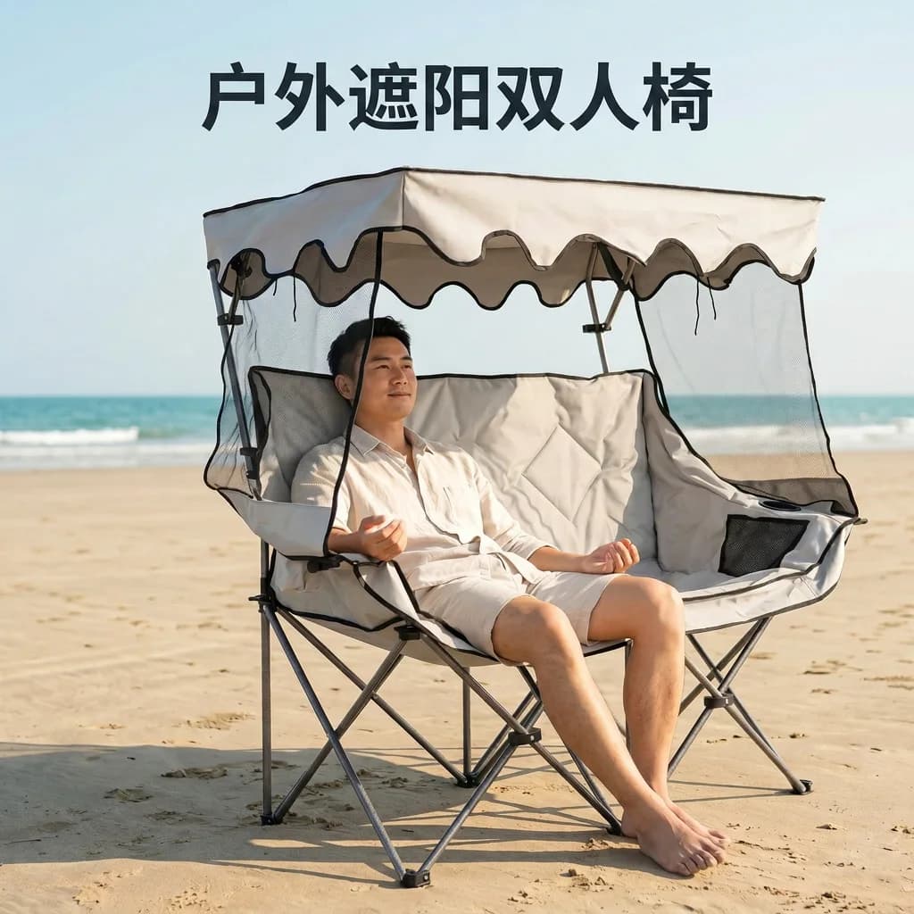 Outdoor folding chair, integrated sunshade canopy, double backrest chair, portable camping beach fishing sofa, lounge chair