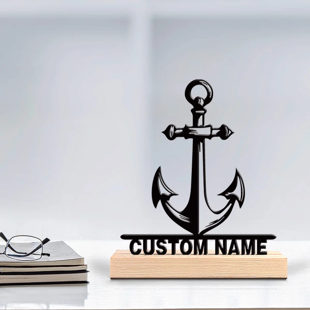 Decorazione da Tavolo in Metallo a Forma di Ancora Personalizzata con Base in Legno, Elegante e Spaventosa per Halloween e Natale, per la Casa