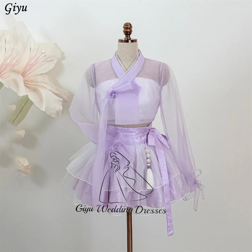 Giyu Purple Hanbok Mini Dress Korean Traditional Long Sleeves Skirt 2 Piece Set Wedding Photoshoot Party Dress Customized