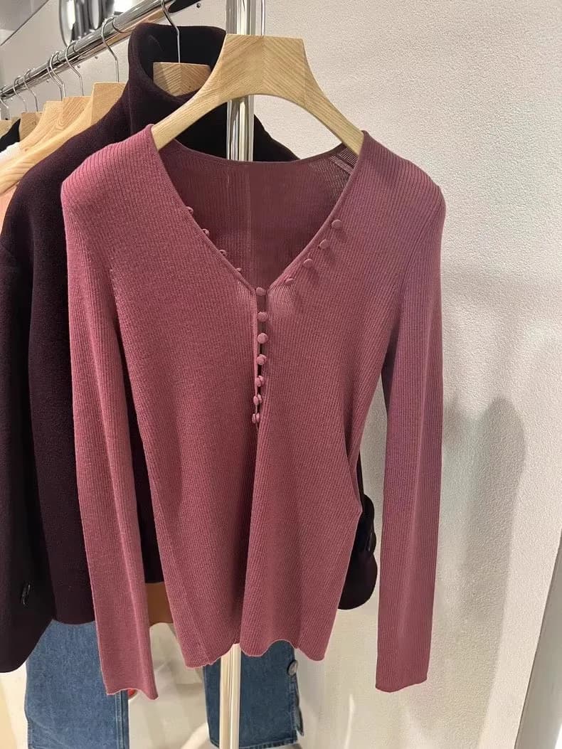 2026 New Spring Purple 100% Wool Knitwears Sexy V Neck Long Sleeve Fashion Button Slim Women Tops