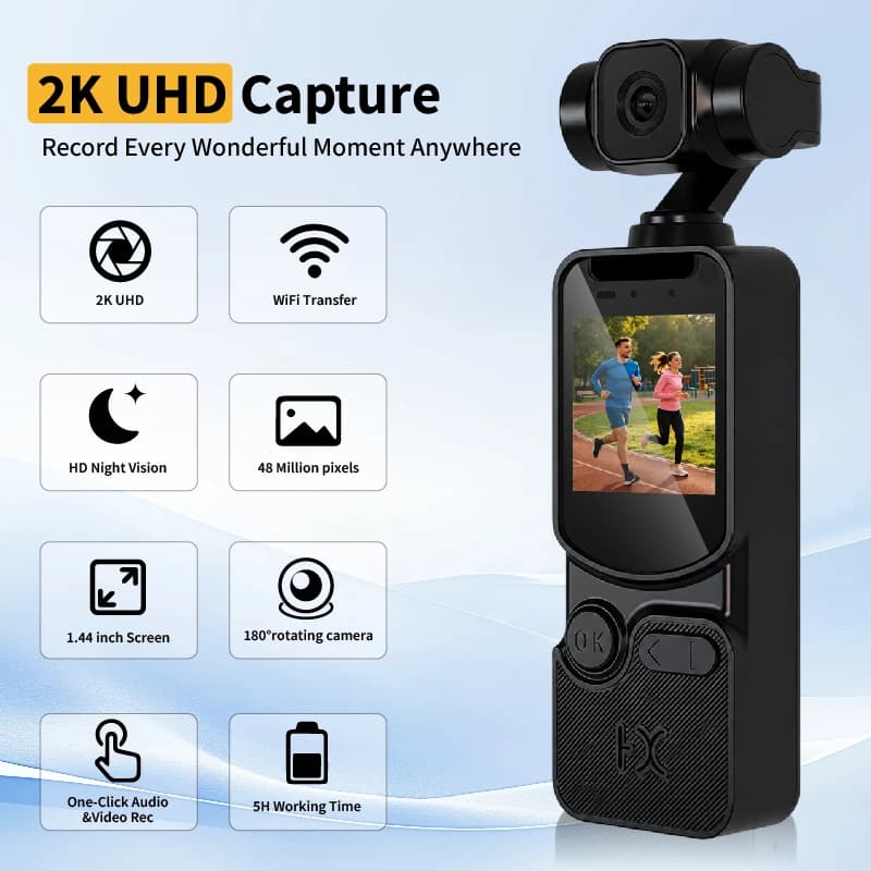 Ultra-Compact HD 2K Pocket Recorder WIFI with 180° Rotatable Night Vision Lens Loop Recording Wearable for Travel Sports