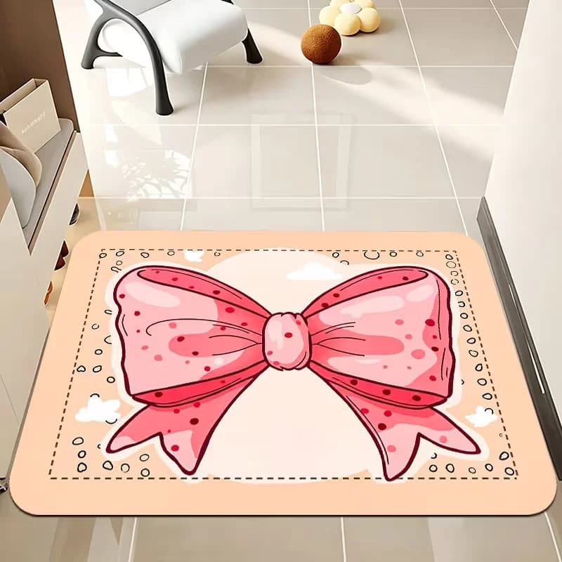 Cute Pink Bowknot Doormat Soft Cartoon Bow Print Non Slip Entry Floor Rug For Bedroom Porch Dressing Room