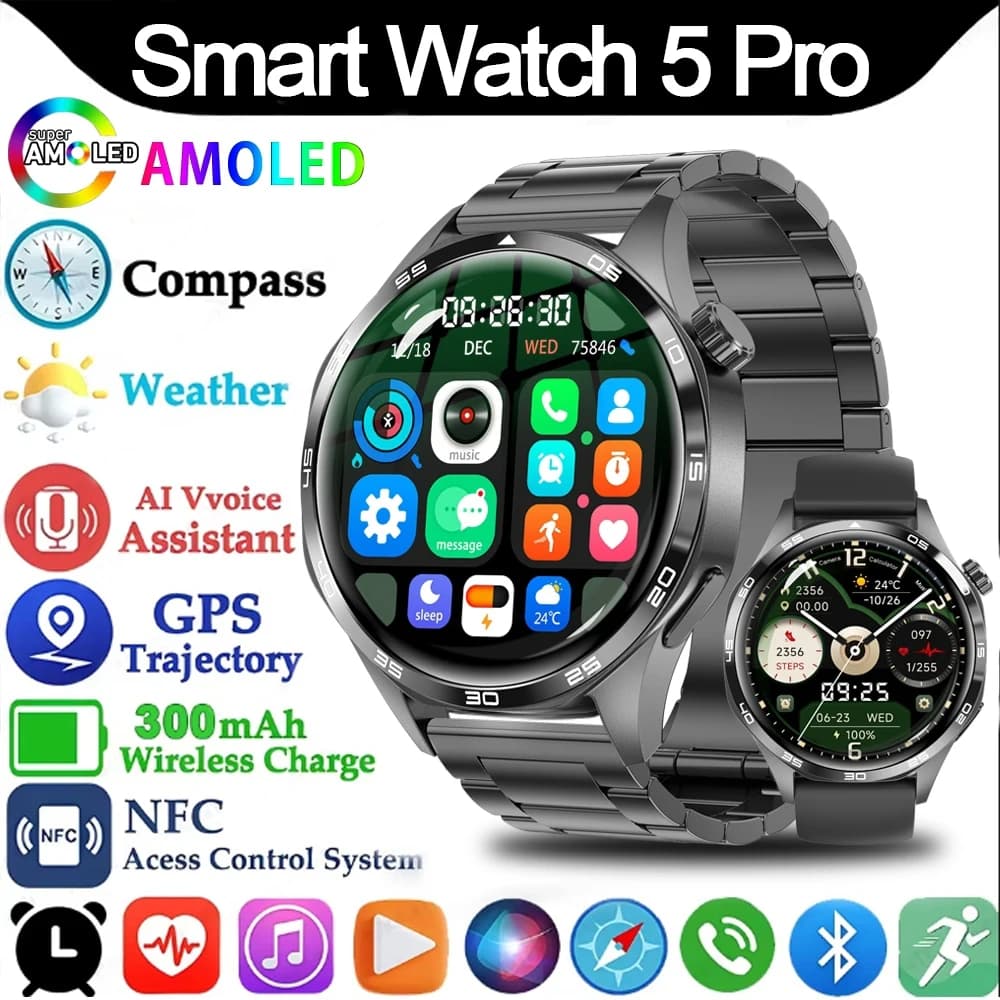 Smartwatch 5 Pro GPS NFC per Uomo, Schermo AMOLED 360*360, Cardiofrequenzimetro, Chiamate Bluetooth, Impermeabile IP67, Nuovo 2025