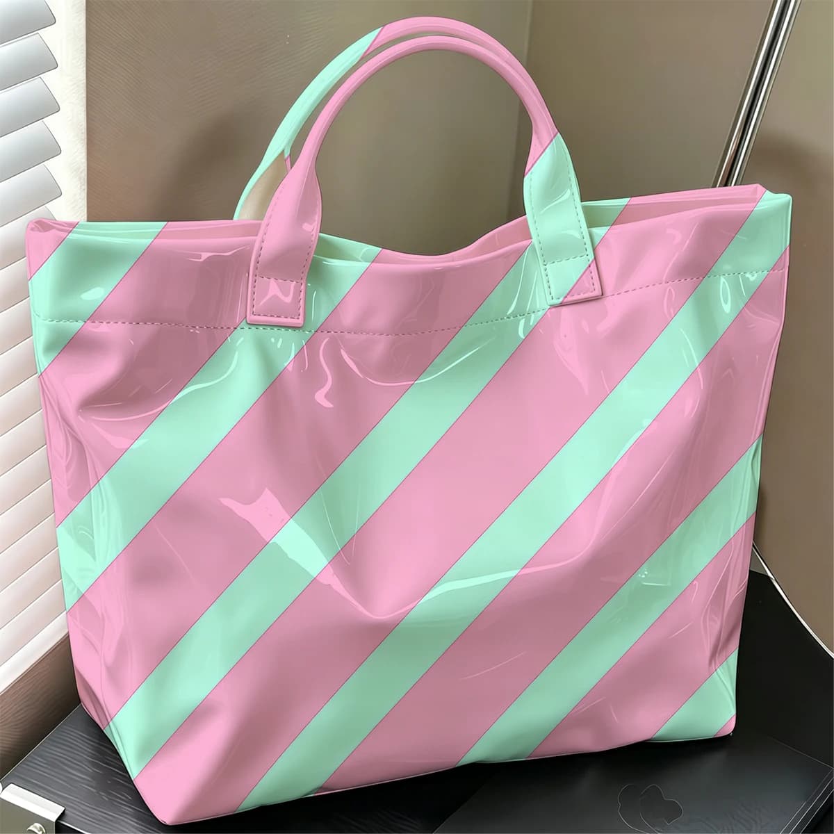 Mint Pink Stripe Cute Large Glossy PVC Tote Bag Hand Washable Lightweight Soft Great for Travel Commute Makeup Storage Handbags