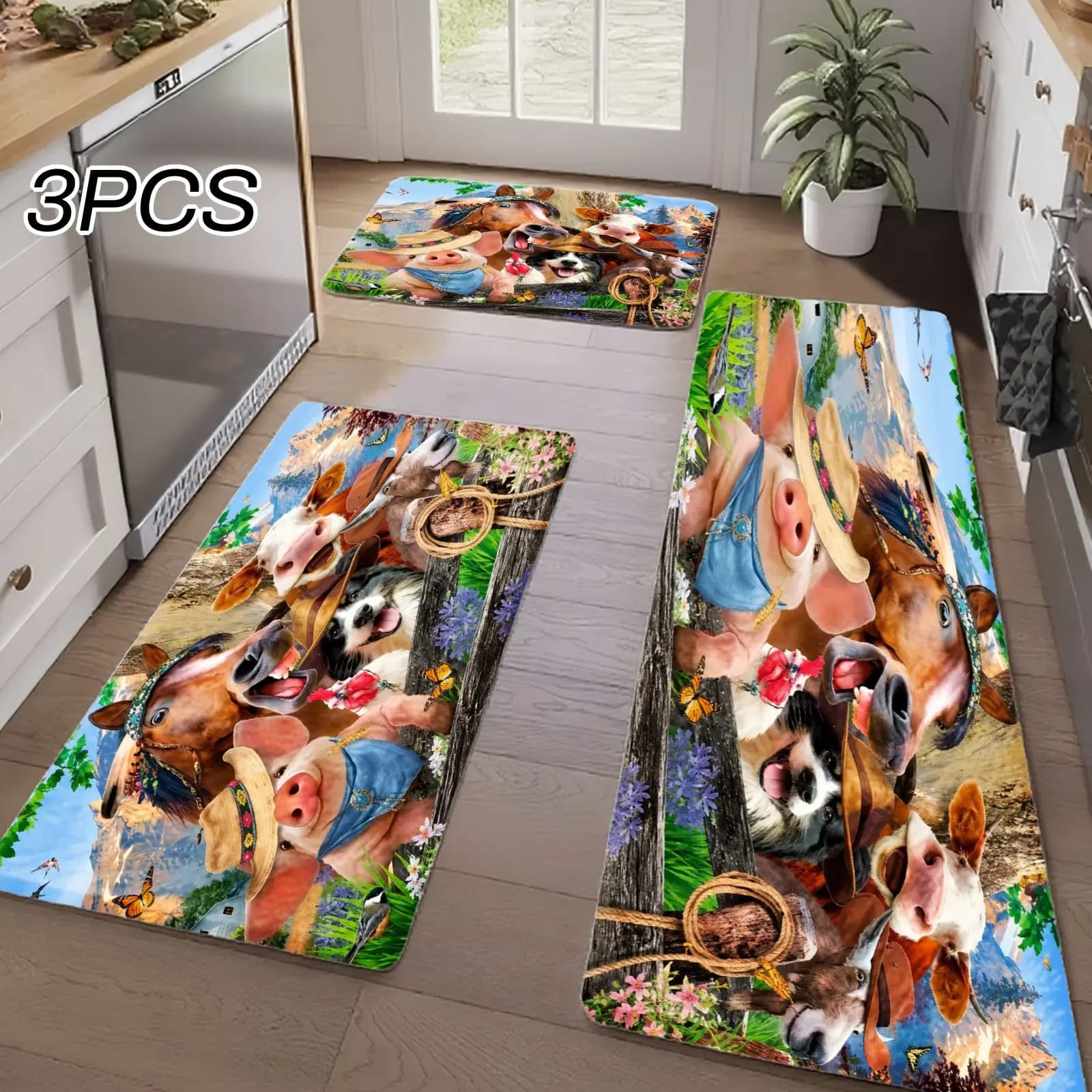 3PCS Kitchen Rugs,Home Decoration for Front Door, Kitchen, Bathroom, Cows Wearing Hats And Flowers In Pastoral Scene Dining Mat