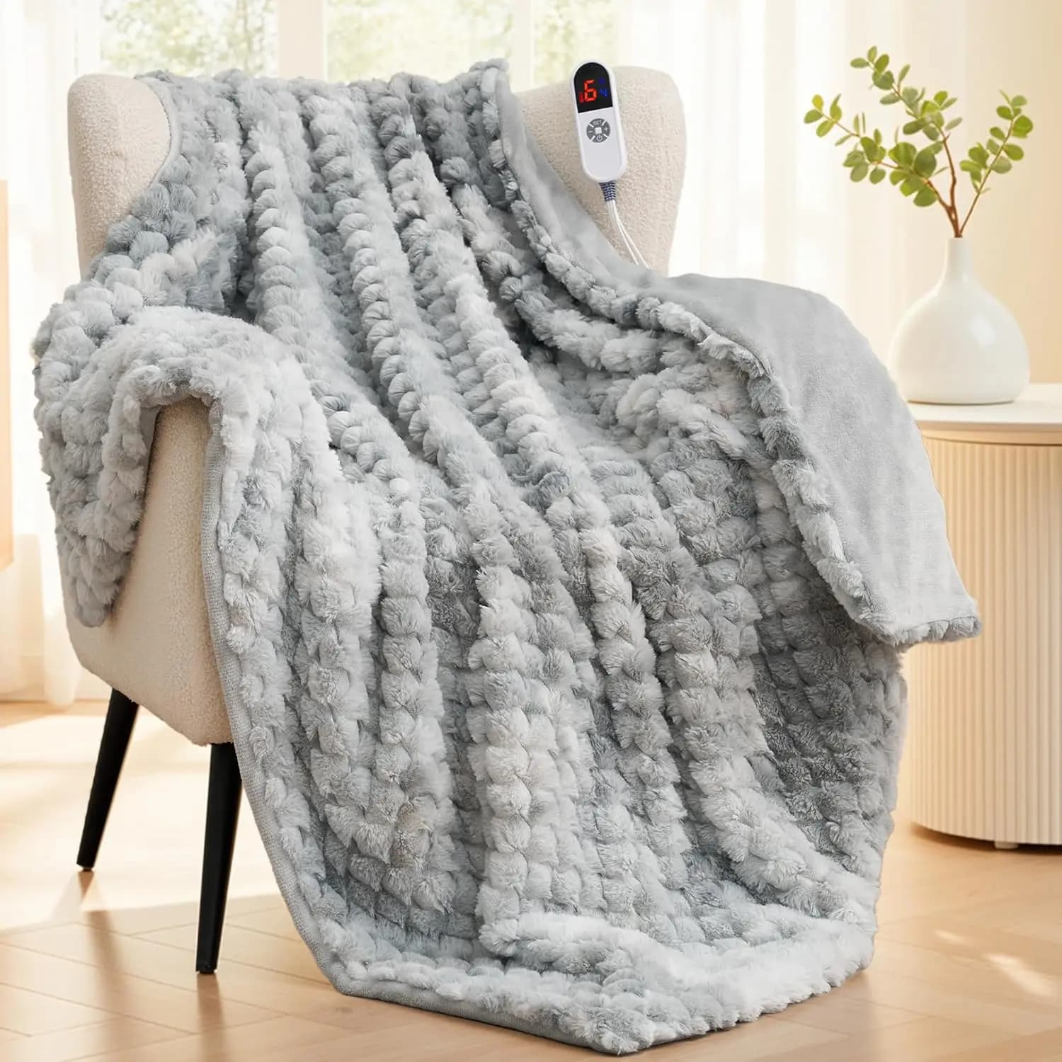 Coperta Elettrica Riscaldata 50x60, in Finta Pelliccia e Flanella, 6 Impostazioni di Calore, Timer, Lavabile in Lavatrice, Regalo Blu