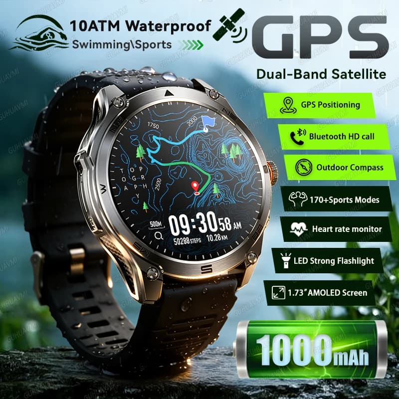 Nuovo Smartwatch Militare 2026 con Batteria da 1000mAh, Impermeabile 10ATM, GPS, Bussola, Chiamate HD, Display AMOLED da 1,73”, 170+ Modalità Sportive